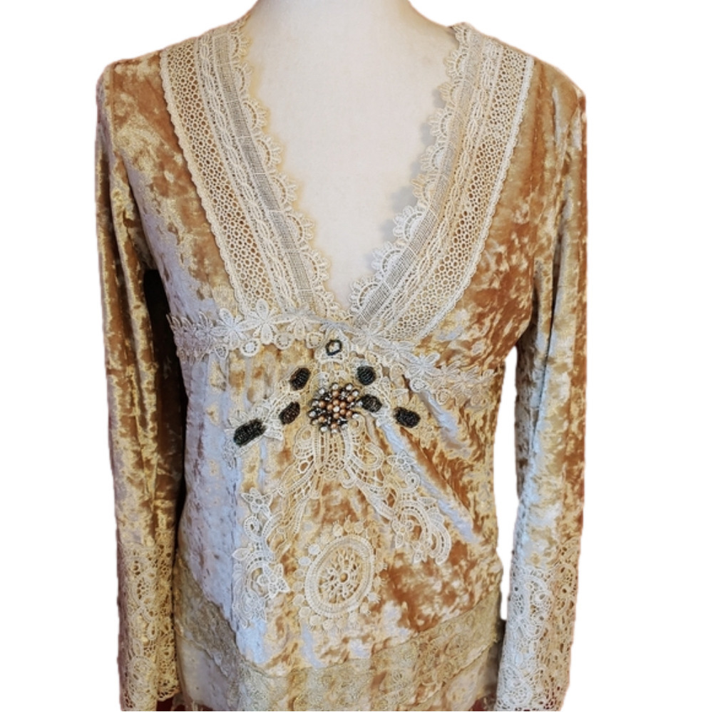 Crushed Velvet Beaded BOHO Lace Blouse M